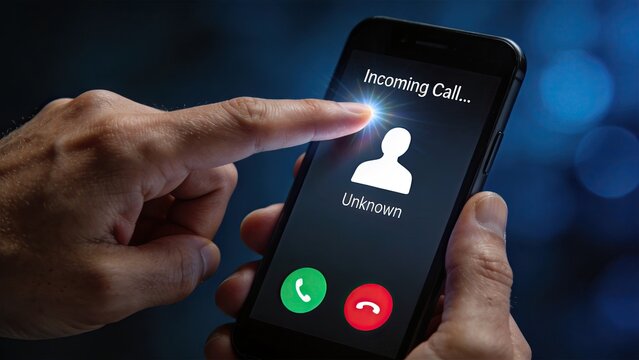 Close up of hand holding smartphone receiving incoming call from unknown number with generic silhouette icon, illustrating telemarketing spam, privacy concerns or unsolicited