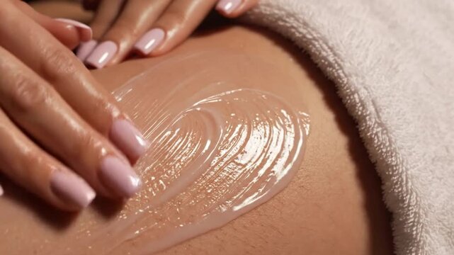 Close up of aesthetician applying conductive gel on skin for professional body treatment.