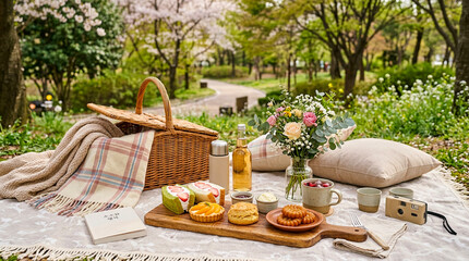 Fototapeta premium Picnic setup with wicker basket food and flowers in a park during a sunny spring day
