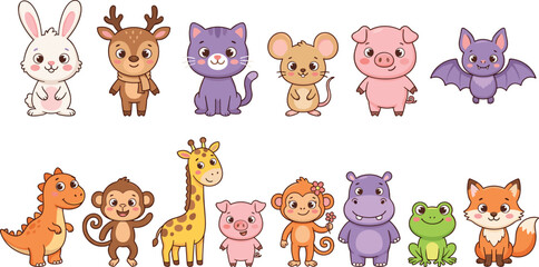 Cute cartoon animal characters set featuring rabbit deer cat mouse pig bat dinosaur monkey giraffe frog and fox © MostMeskatun