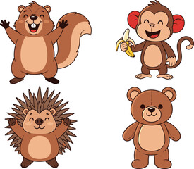 Obraz premium Cute Cartoon Animal Characters Set with Bear Monkey Squirrel and Hedgehog for Kids Education Illustration and Nursery Design