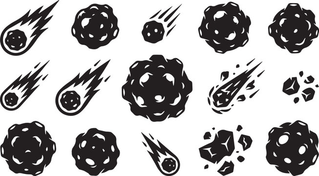 Set of Asteroid, Meteor and Comet Icons Vector Illustration