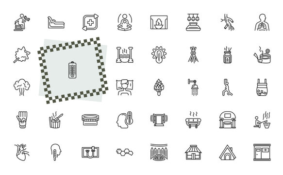 outline sauna icons set - vascular workout, tepidarium, luxury shower, earth sauna. editable vector for web and mobile ui