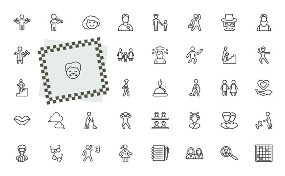 outline people icons set - biceps of a man, man playing a flute, sweeping person, dog trainer. editable vector for web and mobile ui