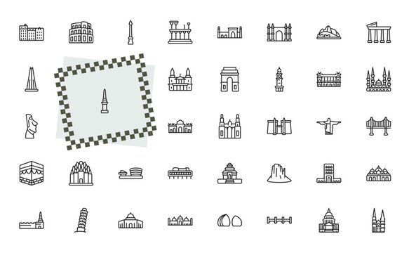 outline monuments icons set - denmark, pula arena, luxor temple, st mark basilica. editable vector for web and mobile ui