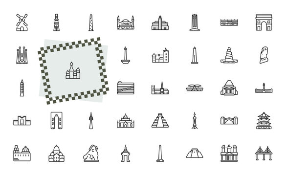 outline monuments icons set - kinderdijk windmills, qutb minar in new delhi, dpr/mpr building, summer palace. editable vector for web and mobile ui