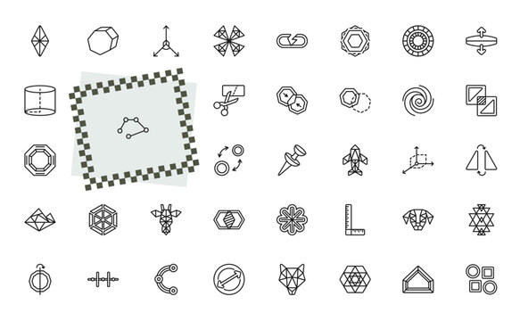outline geometry icons set - polygonal rhomb, perspective, polygonal jet aircraft, sri yantra. editable vector for web and mobile ui