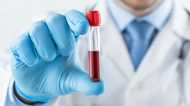 Laboratory professional holding blood sample in a test tube with a red cap