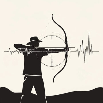 An archer aiming a longbow with a futuristic reticle overlay tracking focus level and breathing patterns in monochromatic sepia tones. Minimalist flat vector artwork, clipart style, absolute