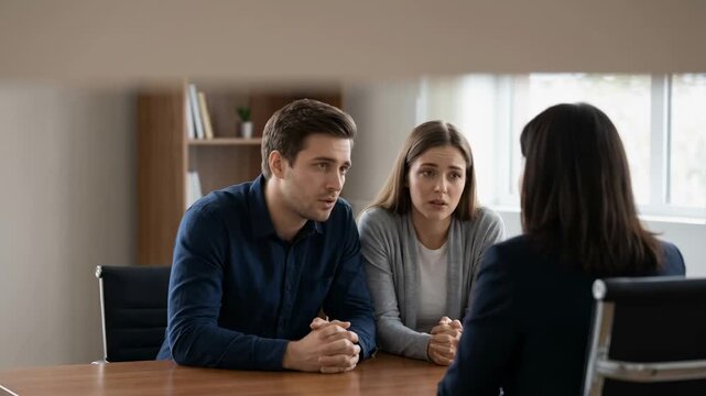 First home buyer loan stress discussion meeting worry couple consult