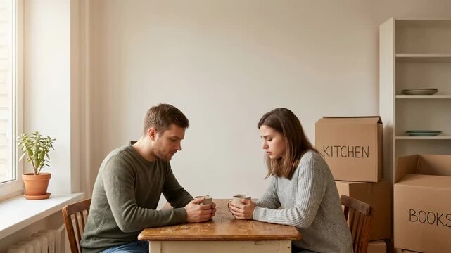 Adult caucasian couple loan stress man woman at kitchen table