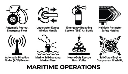 Fototapeta premium Maritime operations equipment set safety gear for sea travel vector icons.