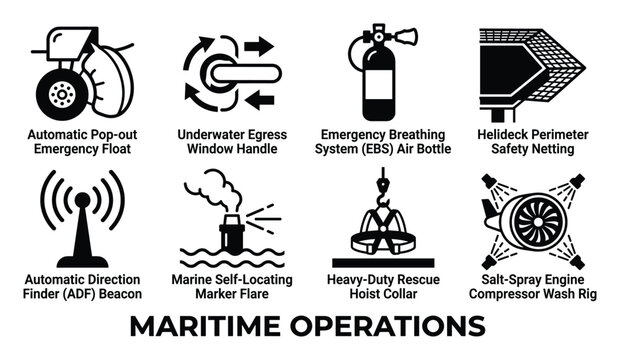 Maritime operations equipment set safety gear for sea travel vector icons.