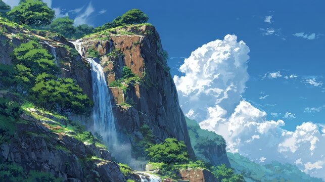 Waterfall beside rocky cliff, vibrant anime scenery with blue sky, smooth lighting, animated wallpaper background
