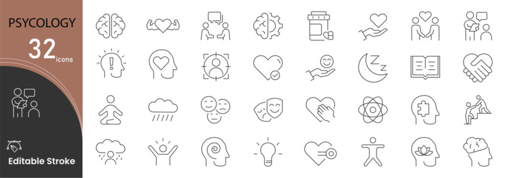 Psychology icons set representing mental health, human behavior, emotions, therapy, brain function, counseling, stress management and psychological studies. Editable Stroke.