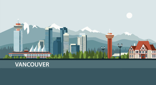 Vancouver cityscape illustration vector with mountains and iconic buildings