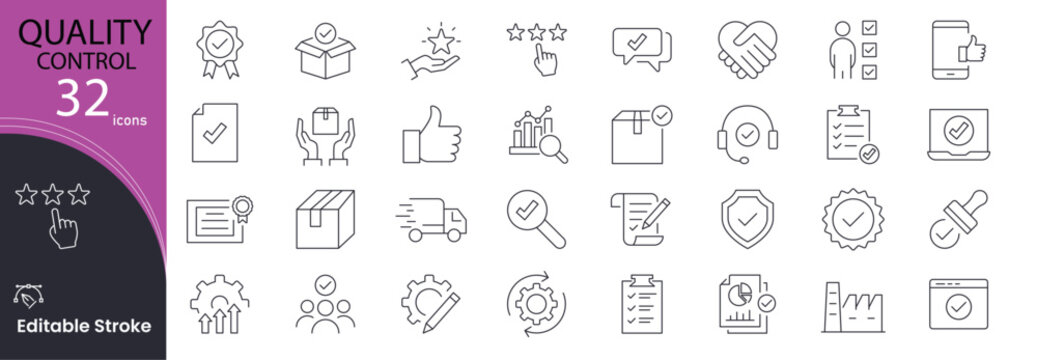 Quality control icons set representing inspection, standards, testing, monitoring, assurance, compliance, production quality and performance evaluation. Editable Stroke.