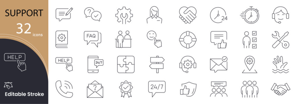 Support icons set representing customer assistance, help desk, communication, technical service, guidance, teamwork, maintenance and problem solving. Editable Stroke