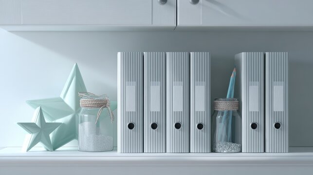 An empty white office interior features modern architecture with sleek shelves holding folders near a large window, blending business design with luxury indoor decoration