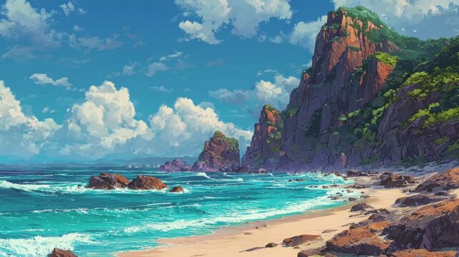 Waterfall beside rocky cliff, vibrant anime scenery with blue sky, smooth lighting, animated wallpaper background
