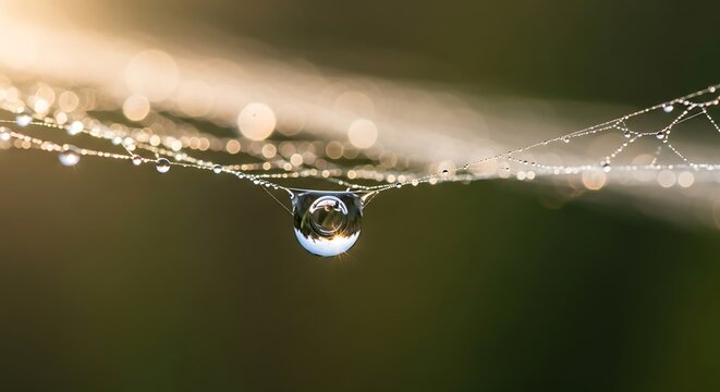 Close-up view of a delicate web glistening with water droplets, reflecting light with blurred natural background