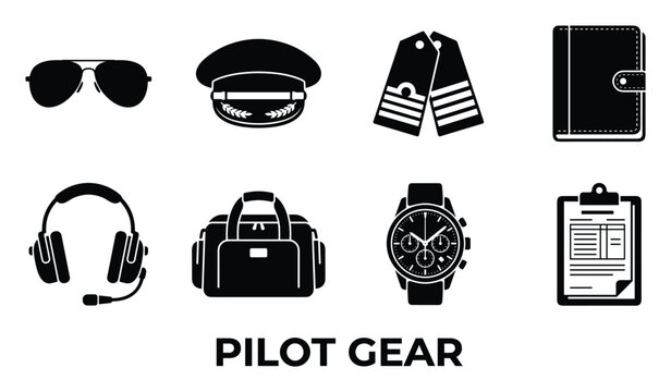 Pilot gear collection silhouette icons for aviation and travel professionals.
