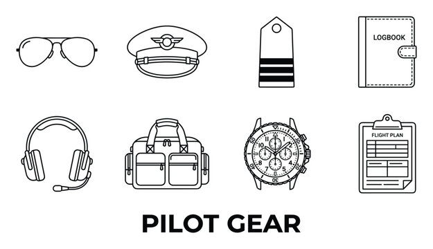 Pilot gear line art icons for aviation and travel professionals.