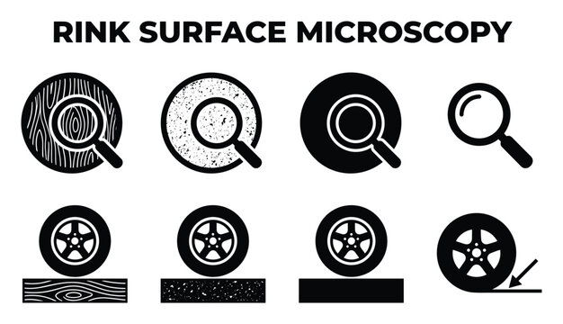 Rink surface microscopy and tire tread examination with magnifying glass on different materials.
