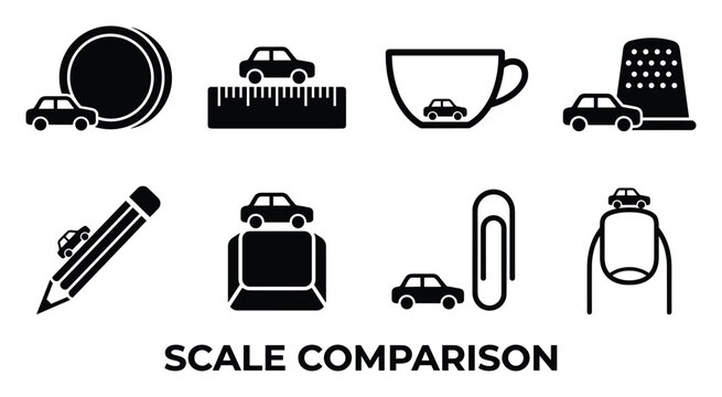 Scale comparison chart showing car size relative to everyday objects like buttons, rulers, cups, thimbles, pencils, keyboards, clips, fingernails.
