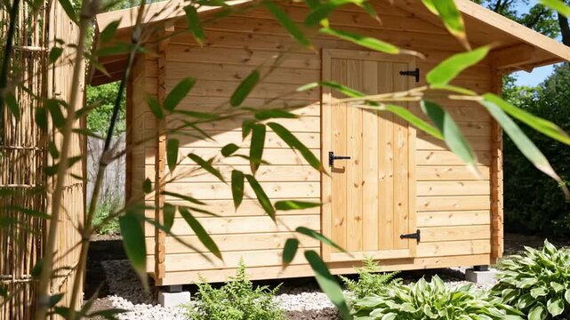 Garden shed small wooden cabin behind leafy bamboo foreground, pale timber facade, simple door, gravel border, ferns and hosta plants, fresh backyard sanctuary with natural summer greenery and shade