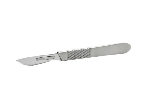 Silver metal medical scalpel blade on a clean clear transparent background.