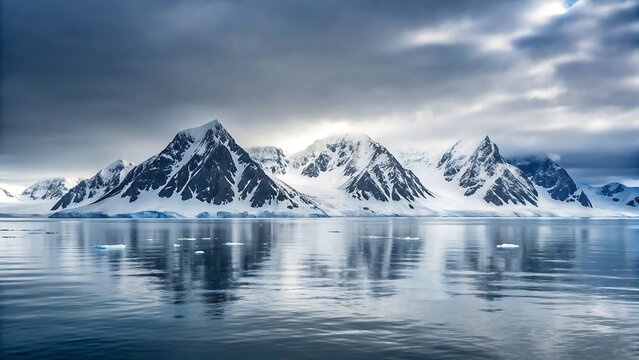 Stunning mountain landscape in the arctic sea with snow covered peaks reflecting in the calm frigid water