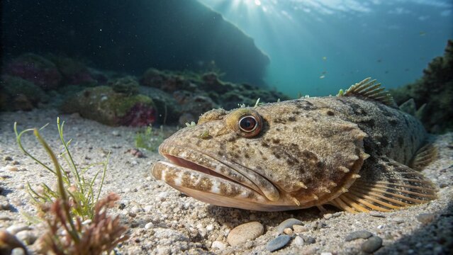 Oyster toadfish camouflaged on the rocky ocean floor in its natural underwater habitat