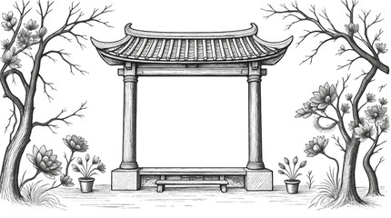 Fototapeta premium Decorative Asian Style Pavilion Framed by Blooming Trees and Garden Foliage