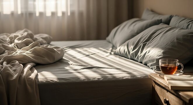 Soft natural light streams across a bed with rumpled sheets, pillows, and a bedside table with a teacup. Tranquil morning scene