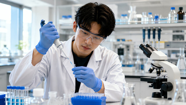 A researcher carefully analyzes samples in a modern laboratory, highlighting precision and innovation in scientific exploration.