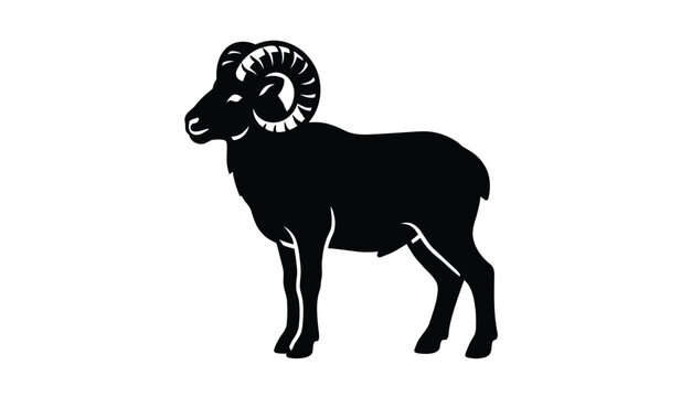 Black silhouette of a ram with large curved horns standing in profile silhouette