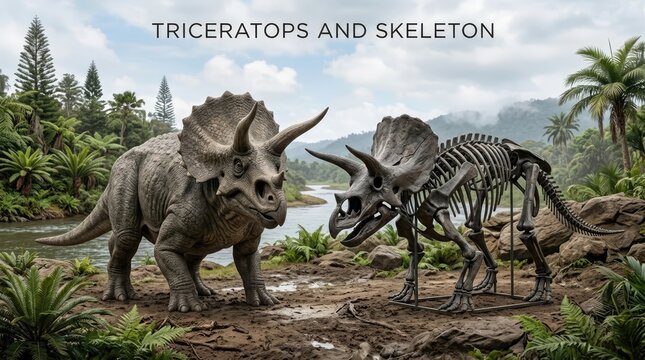Realistic Triceratops Facing Fossil Skeleton in Lush Prehistoric River Landscape
