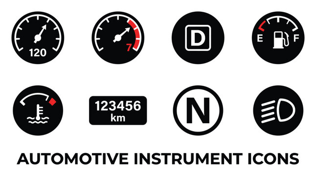 Automotive instrument icons black and white set speedometer tachometer fuel gauge temperature gear neutral.