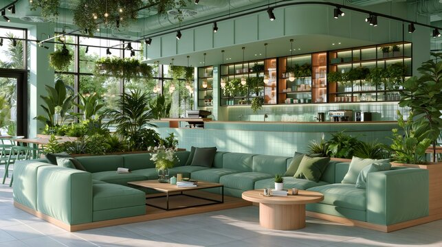 Modern coffee shop interior with biophilic design and green styling