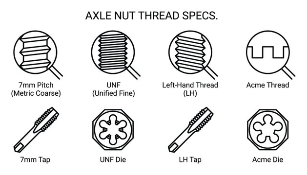 Axle nut thread specifications, tap and die set for different thread types.