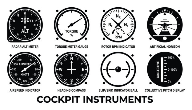 Cockpit instruments aviation altimeter torque rotor rpm artificial horizon airspeed heading compass.