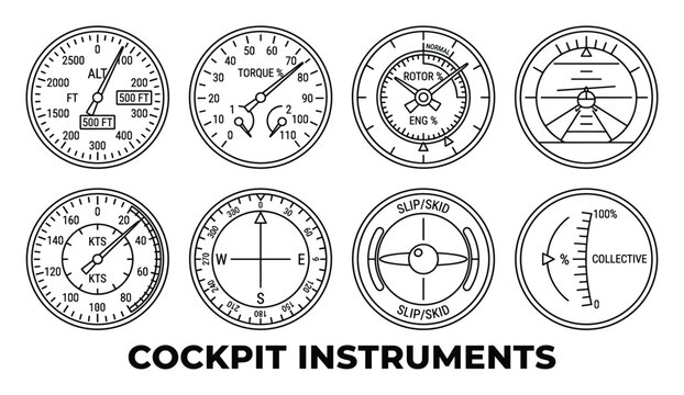 Cockpit instruments aviation altimeter torque rotor rpm artificial horizon airspeed heading compass.