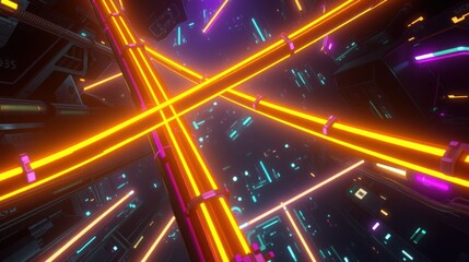 Fototapeta premium Neon lights form futuristic tunnel. Bright orange, purple hues dominate dark space. Geometric shapes create immersive visual experience.