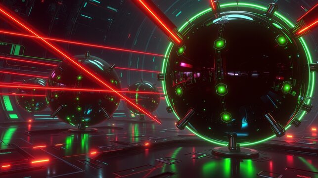 Futuristic interior. Spheres glow with green light. Red lasers intersect creating dramatic visual effect. Dark metallic floor reflects illumination.