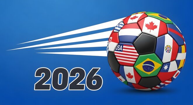 Soccer ball with world flags for football season 2026 global championship