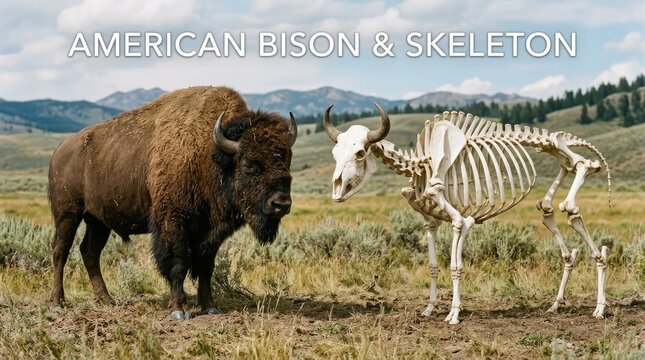 Large American Bison Standing Beside White Skeleton in Open Mountain Grassland