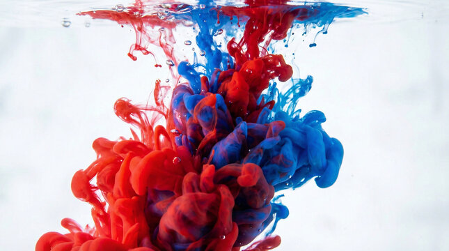 Abstract high speed photography of colorful red and blue paint exploding in clear water