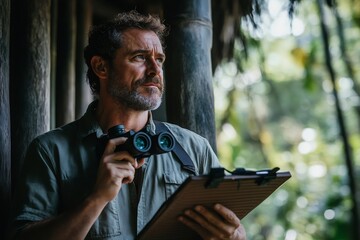 Obraz premium Male explorer observing nature holding binoculars and clipboard