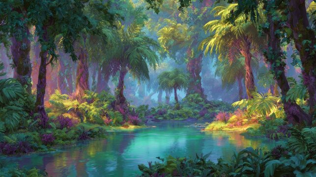 Fantasy tropical forest panorama with lush foliage and dreamy light, watercolor anime style nature illustration, seamless animated virtual background